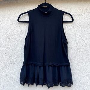 Rebecca Taylor Black Mock Neck Lace Trim Tank S